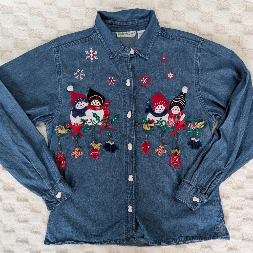 Embroidered Denim Snowman Shirt